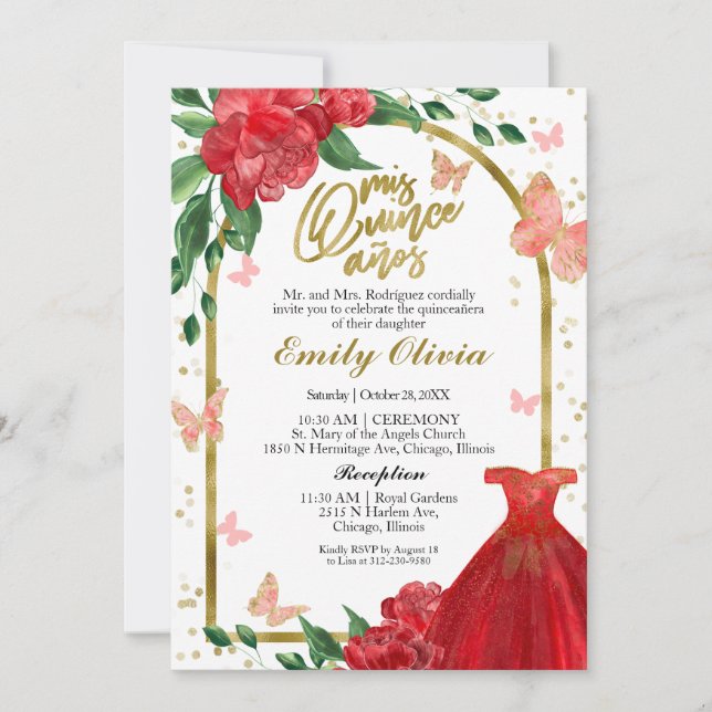 Quinceanera Butterflys Red Gown Invitation (Front)
