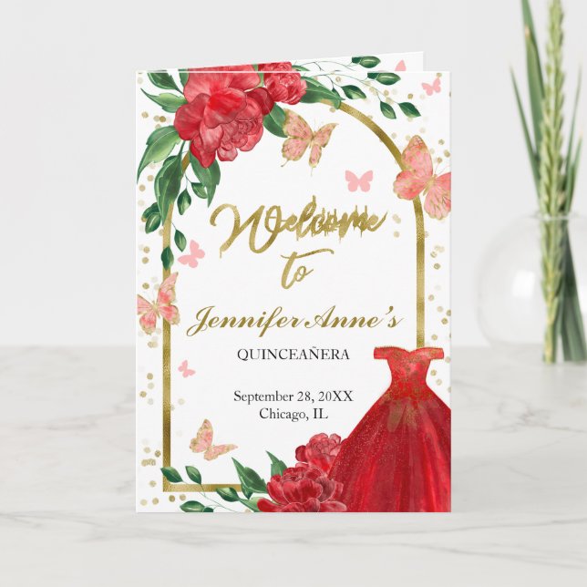 Quinceanera Butterflys Red Gown Programs Programme (Front)