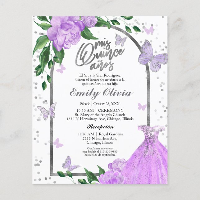 Quinceanera Butterflys Spanish Budget Invitation (Front)