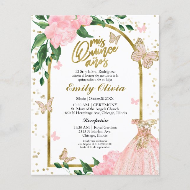 Quinceanera Butterflys Spanish Budget Invitation (Front)