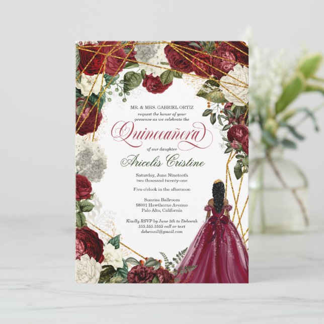 Quinceanera celebration burgundy floral afrolatina invitation (Standing Front)