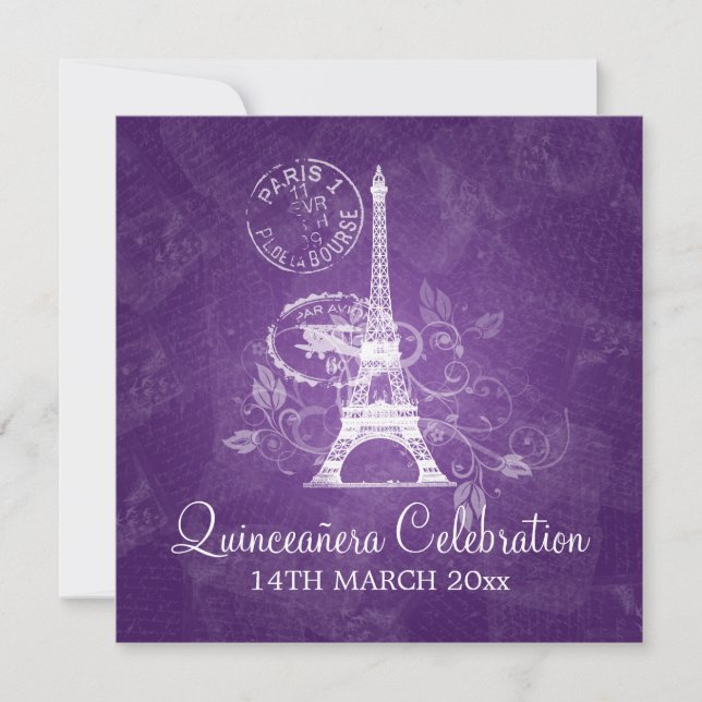 Quinceañera Celebration Party Paris Purple Invitation (Front)