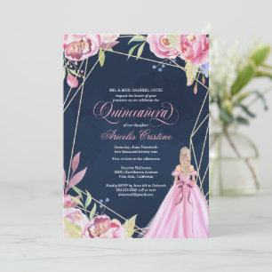 Quinceanera celebration pink and navy blue & gown  invitation