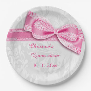 Quinceañera Celebration Pink Damask and Faux Bow Paper Plate