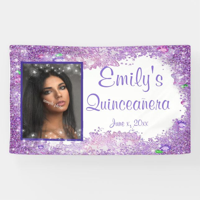 Quinceanera Celebration, Pink Glitter Gems Sparkle Banner (Horizontal)
