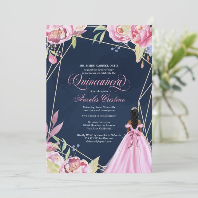 Quinceanera celebration pink navy blue afrolatina invitation (Standing Front)