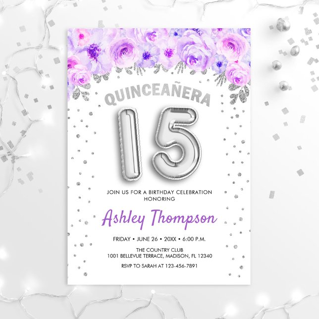 Quinceanera Celebration - Purple Silver Balloons Invitation (Creator Uploaded)