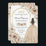 Quinceañera  Champagne Beige Cream Floral Princess Save The Date<br><div class="desc">Personalise this elegant champagne floral Quinceañera / Sweet 16 birthday save the date easily and quickly. Simply click the customise it further button to edit the texts, change fonts and fonts colours. Featuring beautiful watercolor champagne flowers, a girl dressed in a lovely champagne ball gown and a gold princess crown....</div>