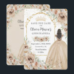 Quinceañera  Champagne Beige Cream Floral Princess Save The Date<br><div class="desc">Personalise this elegant champagne floral Quinceañera / Sweet 16 birthday save the date easily and quickly. Simply click the customise it further button to edit the texts, change fonts and fonts colours. Featuring beautiful watercolor champagne flowers, a girl dressed in a lovely champagne ball gown and a gold princess crown....</div>