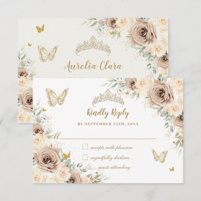 Quinceañera Champagne Gold Floral Butterflies RSVP Card (Front/Back)