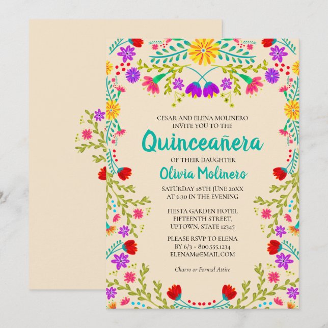 Quinceanera Champagne Mexican Flowers Birthday Invitation (Front/Back)