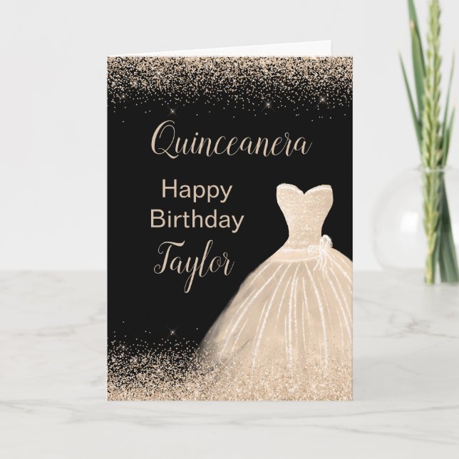 Quinceanera Champagne White Dress Faux Glitter Card (Front)