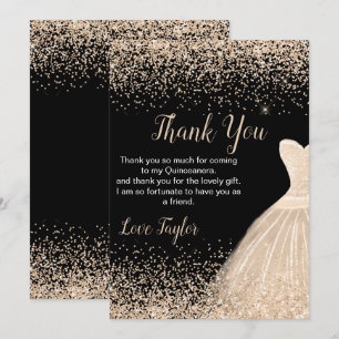 Quinceanera Champagne White Dress Faux Glitter Thank You Card