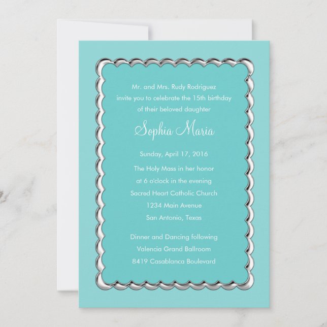 Quinceanera Change Blue Any Colour Silver Scallop Invitation (Front)