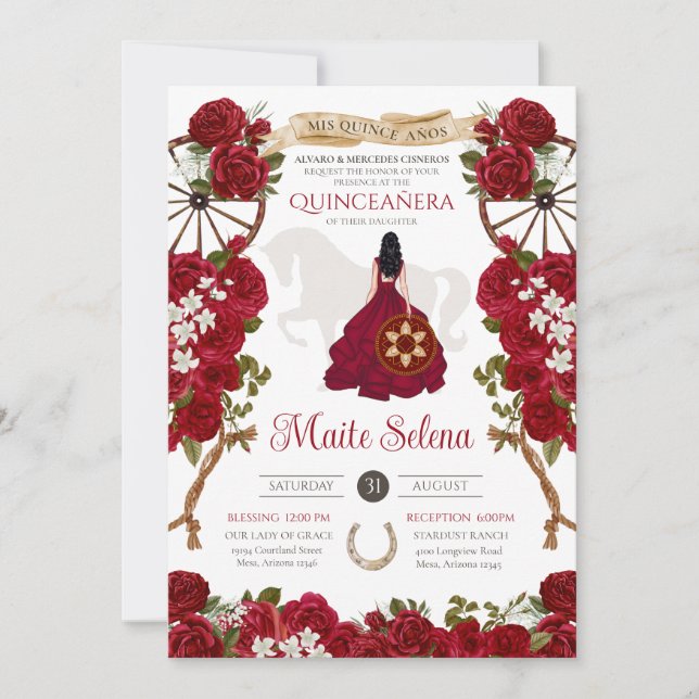 Quinceanera Charra Elegant Red Roses Quince Anos  Invitation (Front)