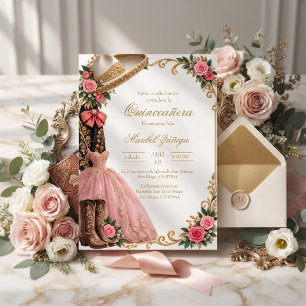Quinceañera Charra Mexicana Rosa y Dorada Invitation