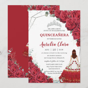 Quinceañera Charro Dress Red Roses Floral Silver Invitation