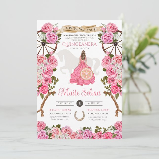 Quinceanera Charro Elegant Pink Rose Birthday Invitation (Standing Front)