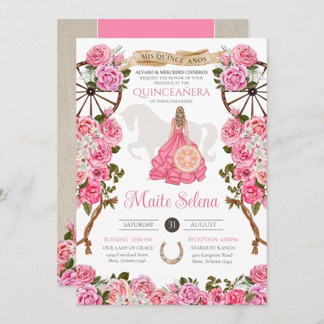 Quinceanera Charro Elegant Pink Rose Western Flora Invitation (Front/Back)