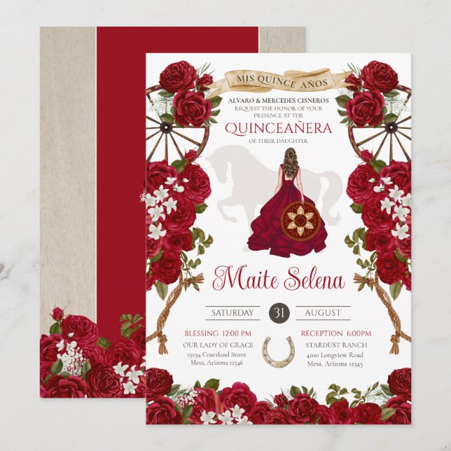 Quinceanera Charro Elegant Red Rose Western Floral Invitation (Front/Back)