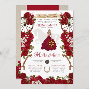 Quinceanera Charro Elegant Red Rose Western Rustic Invitation