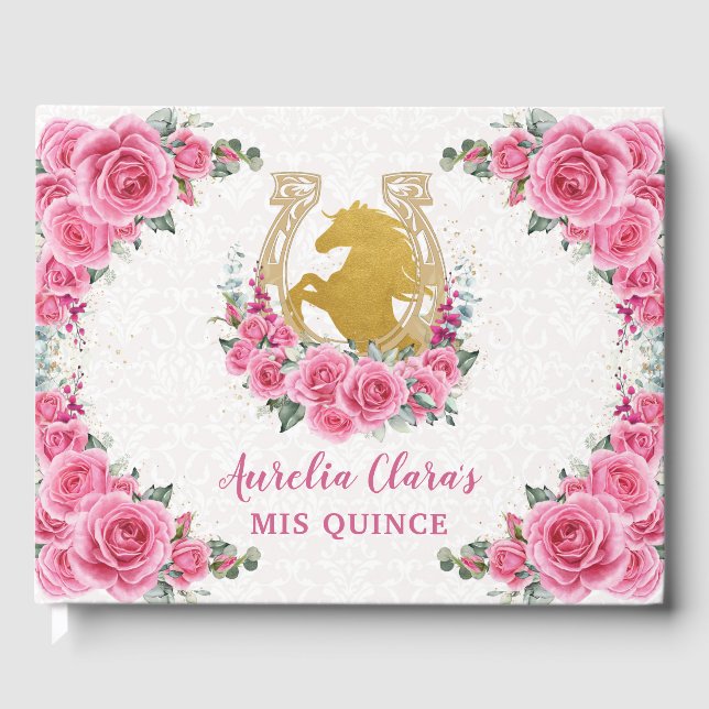 QUINCEAÑERA Charro Pink Rose Floral Horse Princess Guest Book (Front)