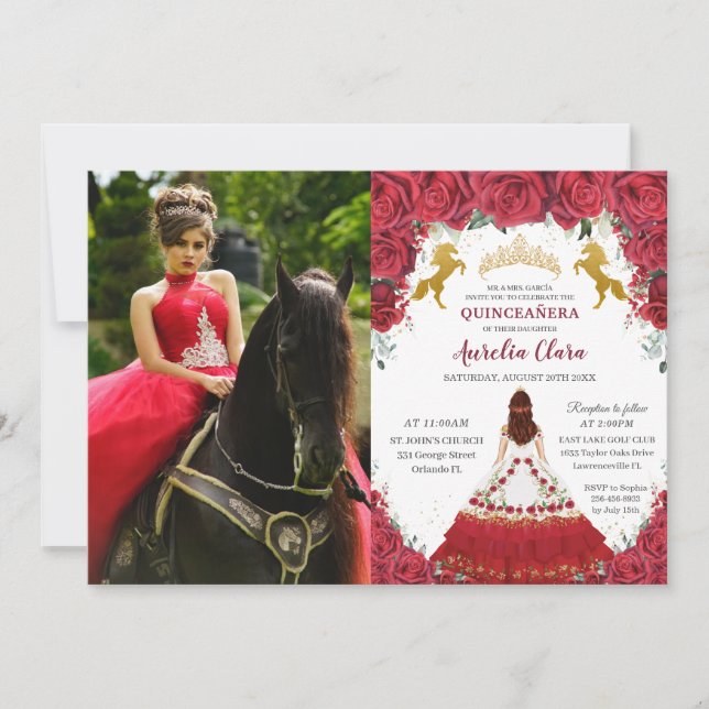 Quinceañera Charro Red Floral Princess Gold Horses Invitation (Front)