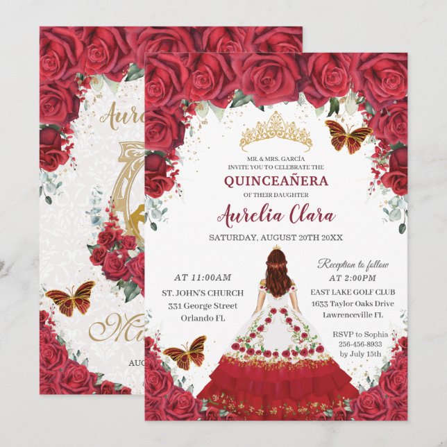 Quinceañera Charro Red Floral Princess Horse Shoe  Invitation (Front/Back)