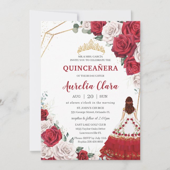 Quinceañera Charro Red White Roses Floral Gold Invitation (Front)
