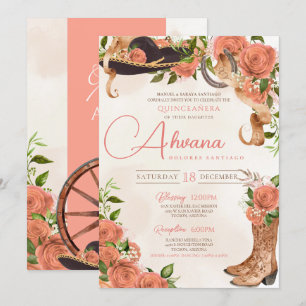 Quinceañera Charro Western Peach Pink Rose Floral Invitation