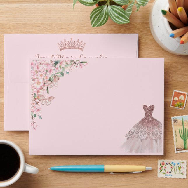 Quinceañera Cherry Blossoms Rose Gold Dress Gown Envelope (Desk)