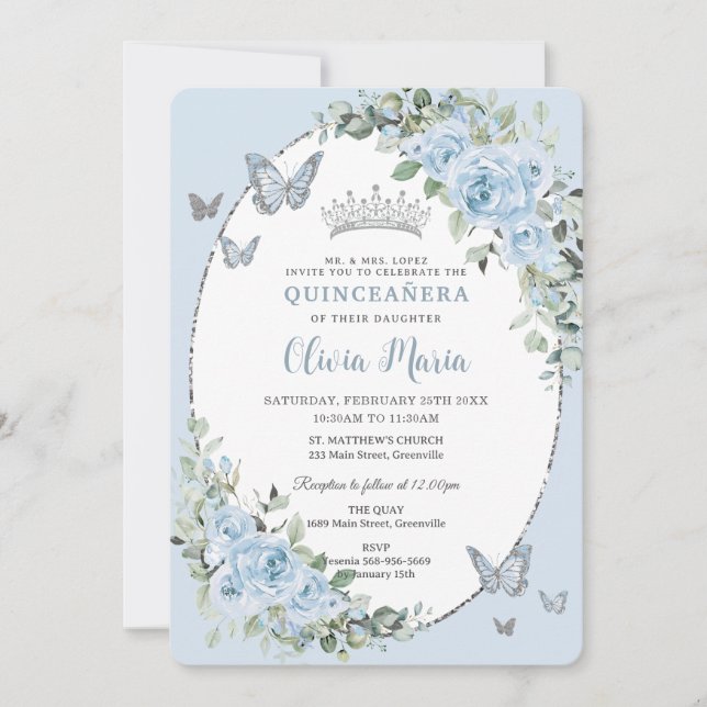 Quinceañera Chic Baby Blue Floral Butterflies Invitation (Front)