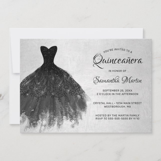 Quinceanera Chic Black Dress on Silver Party Invit Invitation (Front)