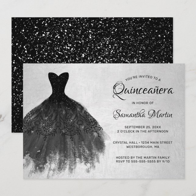Quinceanera Chic Black Dress Silver Glam Party Invitation (Front/Back)