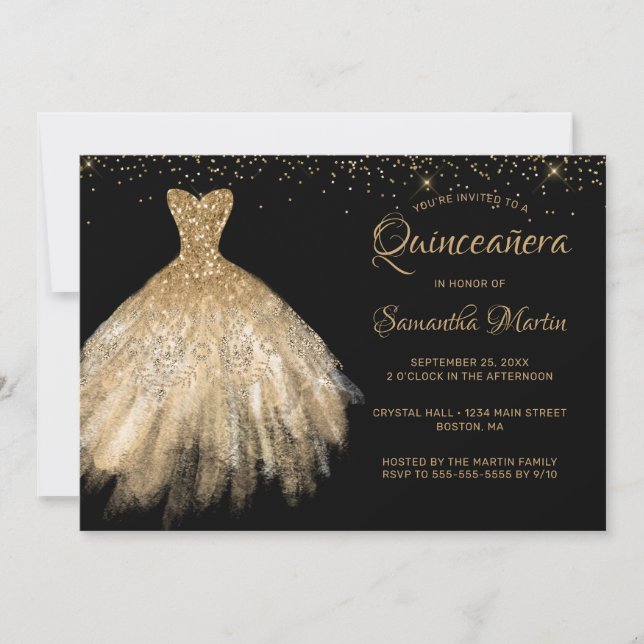 Quinceañera Chic Gold Dress on Black Party Invitat Invitation (Front)