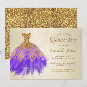 Quinceanera Chic Gold Purple Dress Gold Glam Party Invitation