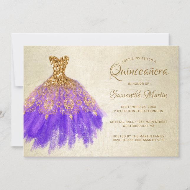 Quinceanera Chic Gold Purple Dress on Gold Party I Invitation (Front)