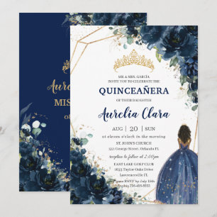 Quinceañera Chic Navy Blue Floral Brown Princess Invitation
