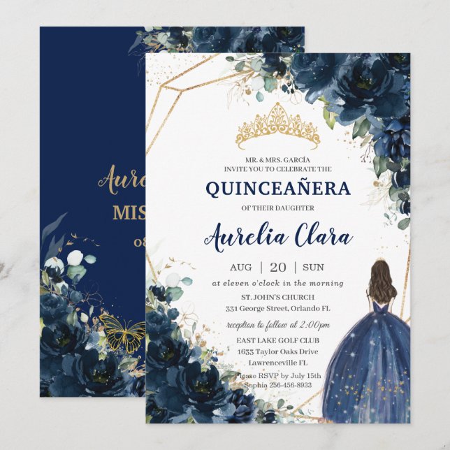 Quinceañera Chic Navy Blue Floral Princess Crown  Invitation (Front/Back)
