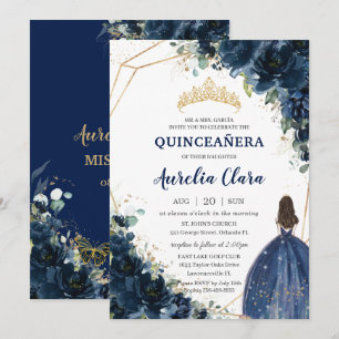 Quinceañera Chic Navy Blue Floral Princess Crown Invitation