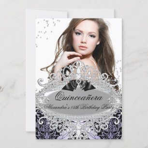 Quinceanera Chic Purple Damask Diamond Jewel Photo Invitation