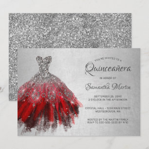 Quinceanera Chic Red Silver Dress Glitter Party Invitation