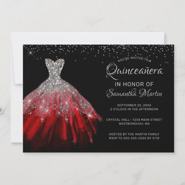 Quinceañera Chic Red Silver Dress Party Invitation (Front)