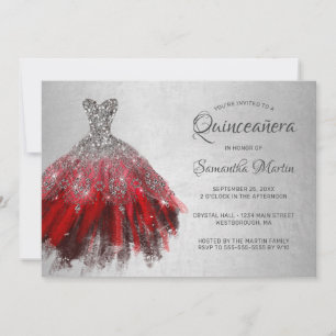 Quinceanera Chic Red Silver Dress Shiny Party Invi Invitation