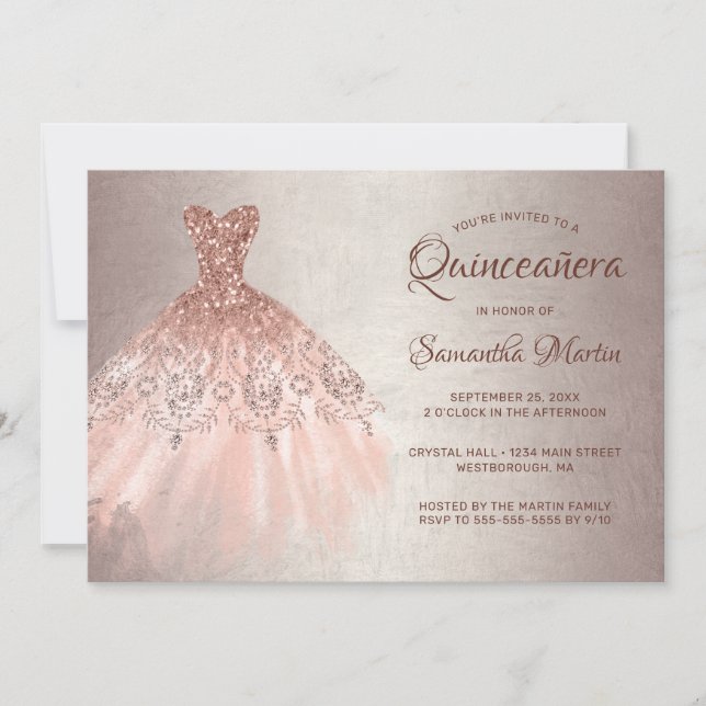 Quinceanera Chic Rose Gold Glitter Dress Party Invitation (Front)