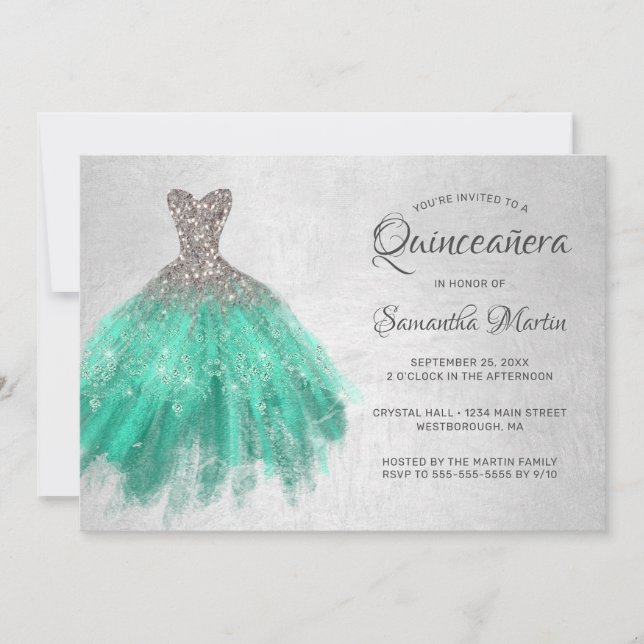 Quinceanera Chic Silver Aqua Dress on Silver Party Invitation (Front)