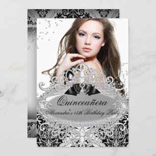 Quinceanera Chic Silver Damask Diamond Jewel Photo Invitation