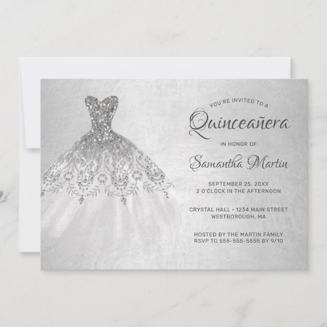Quinceanera Chic Silver Dress on Silver Party Invitation (Front)