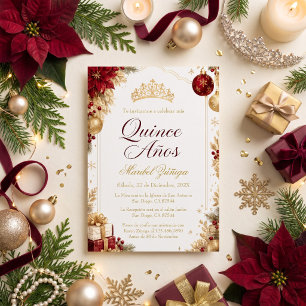 Quinceañera Christmas Burgundy & Gold Holiday Invitation