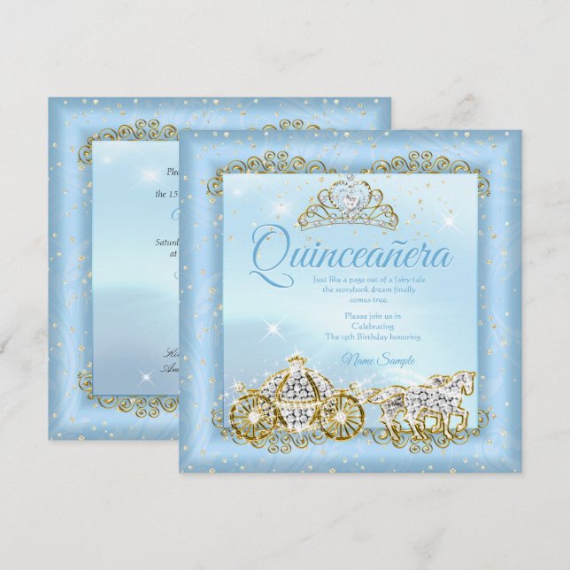 Quinceanera Cinderella Blue fairytale Carriage 2 Invitation (Front/Back)
